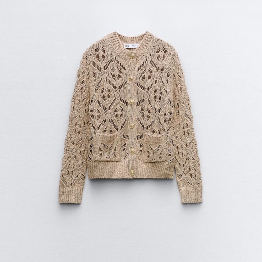 Zara Tan Cardigan Open-Weave Crewneck Sweater Gold Buttons